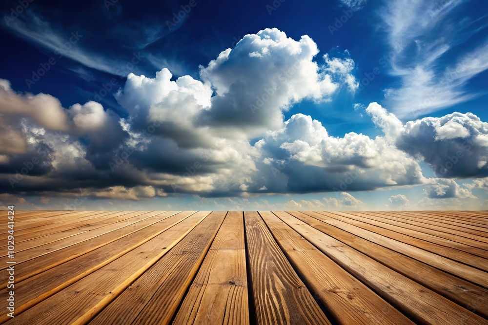 Scenic wooden deck under fluffy clouds Scenic wooden deck under fluffy clouds