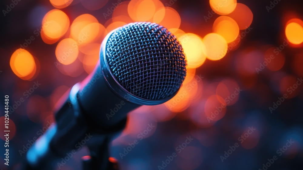 Close-up of a microphone with a blurred, colorful background. Close-up of a microphone with a blurred, colorful background.