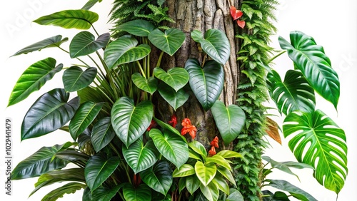 Philodendron billietiae climbing on rainforest tree trunk with bromeliads, anthurium, ferns, tropical plants on white background photo