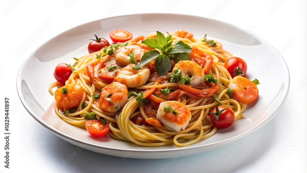 Seafood spaghetti with prawns and tomato sauce on white background Seafood spaghetti with prawns and tomato sauce on white background