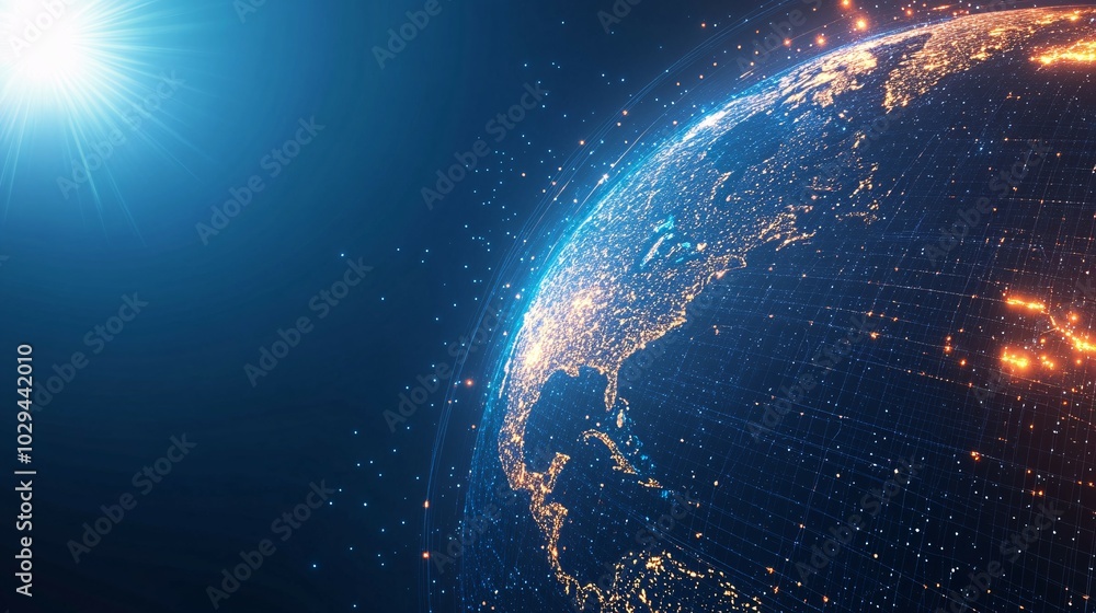 Fototapeta premium Digital Globe with Network Lines and City Lights at Night