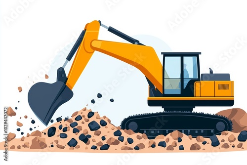 A heavy-duty excavator digging, construction machinery, flat vector design, yellow and black, isolated on white background photo