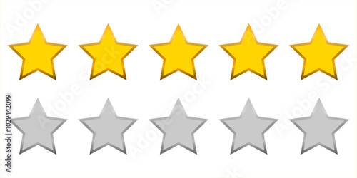 Five yellow and gray stars isolated on white background. Customer feedback concept. Product rating by setting  golden stars. Quality symbol.