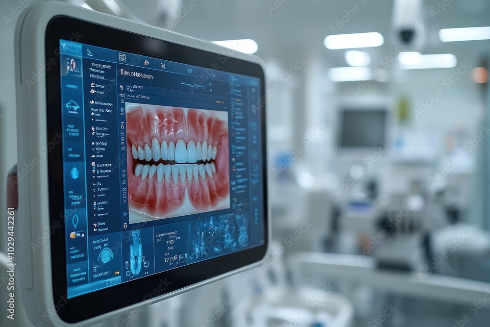 A dental monitor displaying an image of teeth for examination in a dental clinic. A dental monitor displaying an image of teeth for examination in a dental clinic.