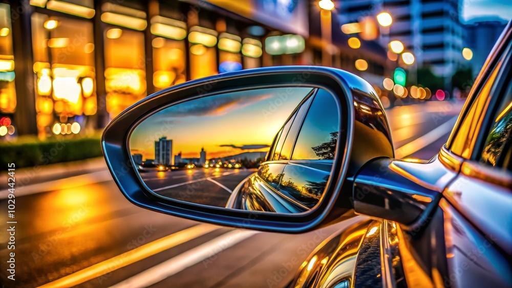 Luxurious Car Rear View Mirror with Blurred Background - Aerial Photography, Soft Focus, Selective Focus, Copy Space for Text, High-End Automotive Aesthetics Luxurious Car Rear View Mirror with Blurred Background - Aerial Photography, Soft Focus, Selective Focus, Copy Space for Text, High-End Automotive Aesthetics
