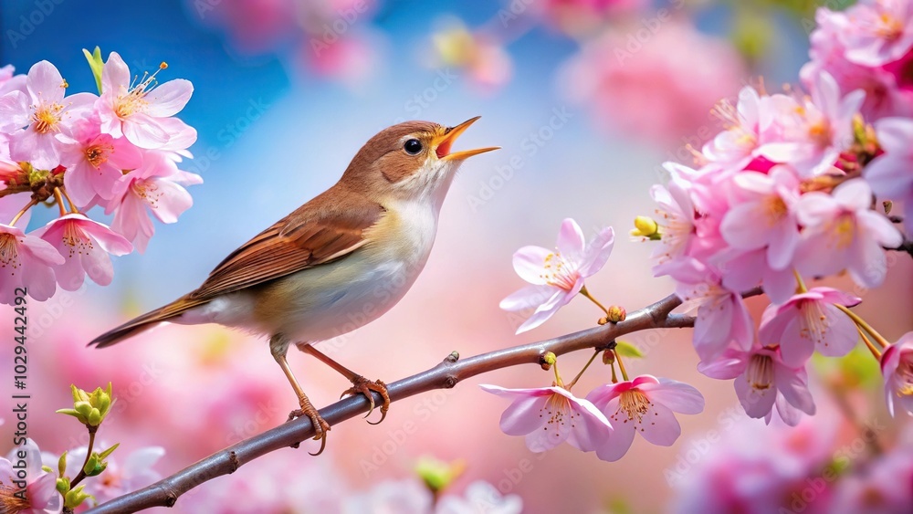 nightingale singing on blooming cherry blossom branch at tilted angle nightingale singing on blooming cherry blossom branch at tilted angle