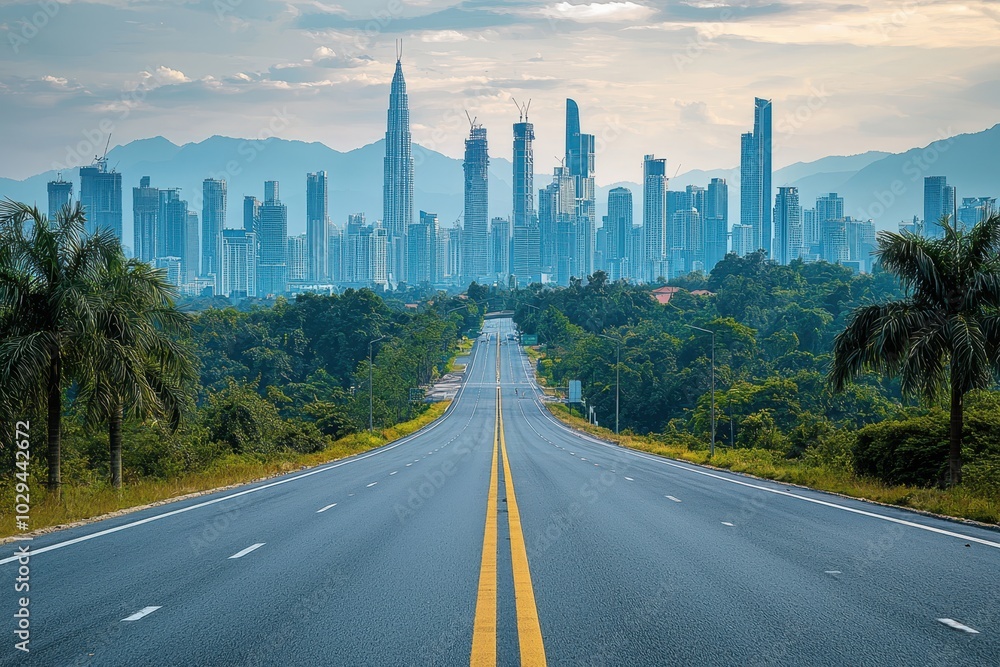 A scenic view of a road leading towards a vibrant city skyline, blending urban architecture with the movement of traffic, capturing the connection between city life and transportation.. A scenic view of a road leading towards a vibrant city skyline, blending urban architecture with the movement of traffic, capturing the connection between city life and transportation..