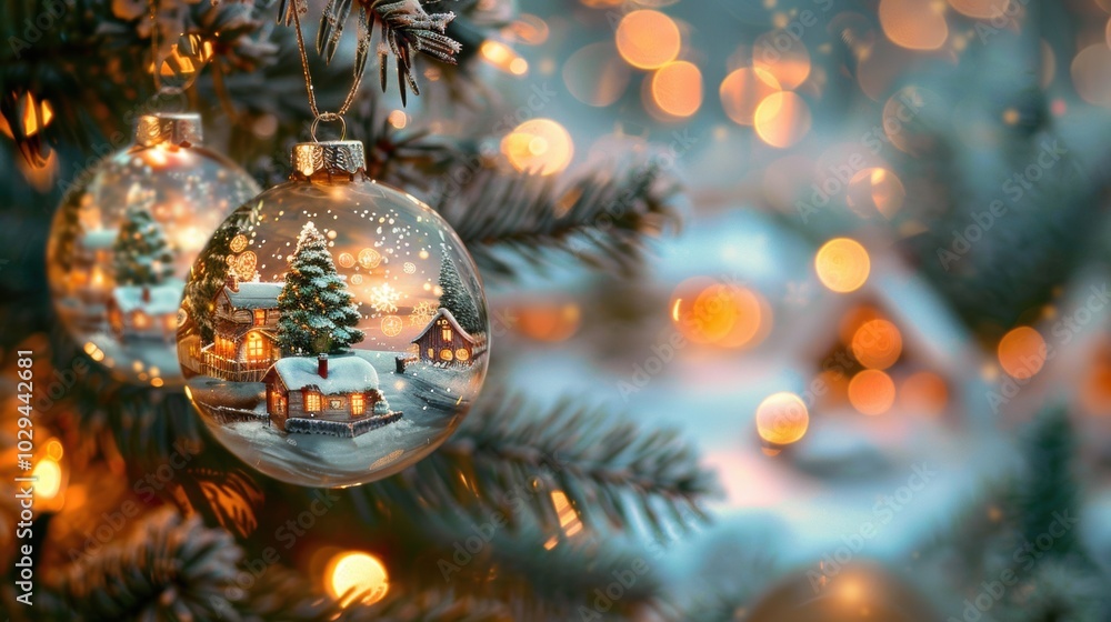 Decorative Christmas balls hanging on a tree, showcasing snow-covered villages with warm glows and festive charm Decorative Christmas balls hanging on a tree, showcasing snow-covered villages with warm glows and festive charm