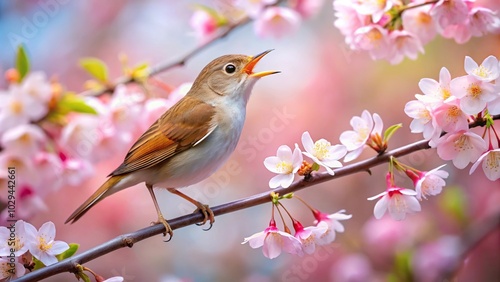 nightingale singing on cherry blossom branch at tilted angle