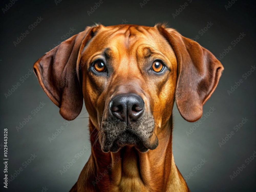 Portrait of a Humorous Rhodesian Ridgeback Dog Against a Grey Background - Macro Photography of a Playful Canine with Unique Expressions and Features for Pet Lovers and Photography Enthusiasts Portrait of a Humorous Rhodesian Ridgeback Dog Against a Grey Background - Macro Photography of a Playful Canine with Unique Expressions and Features for Pet Lovers and Photography Enthusiasts