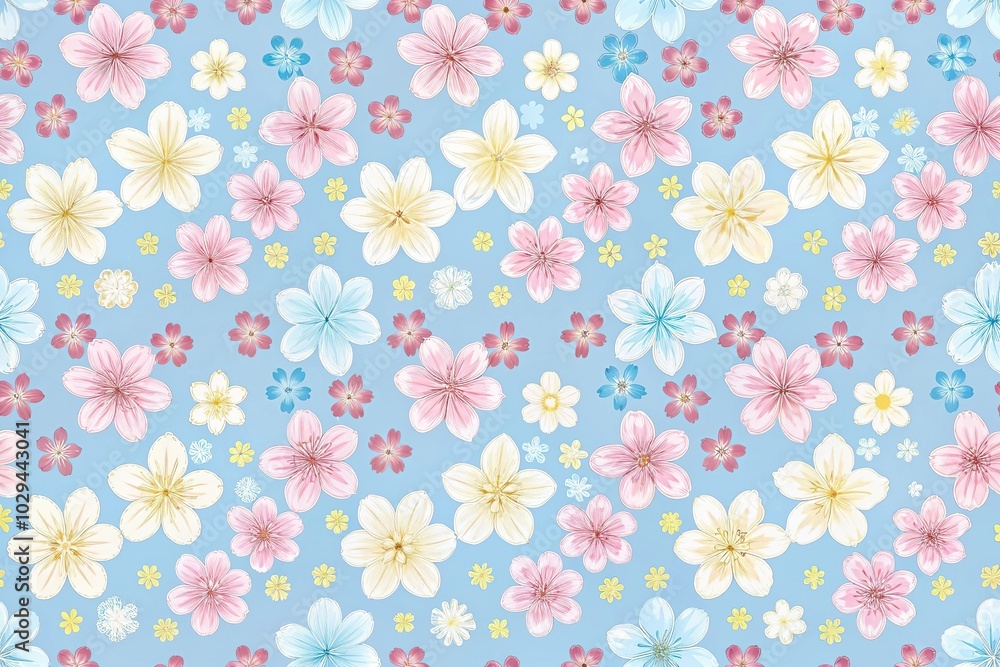Seamless repeating pattern of Sakura flowers in pastel pink, blue, yellow, and white Seamless repeating pattern of Sakura flowers in pastel pink, blue, yellow, and white