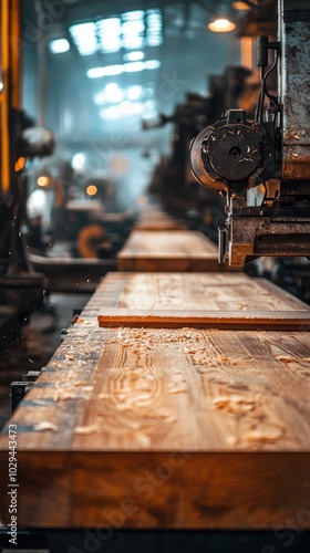 A busy woodworking factory equipped with large industrial machines shaping timber, showcasing the process of cutting, refining, and producing wood products in a high-efficiency environment..