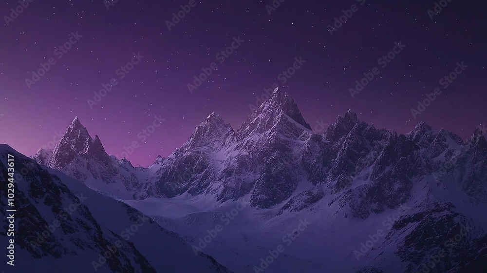 A cluster of peaks encased in white precipitation beneath a lilac atmosphere and a celestial canopy adorned with glistening orbs A cluster of peaks encased in white precipitation beneath a lilac atmosphere and a celestial canopy adorned with glistening orbs