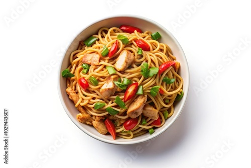 Minimalist spicy stir fried instant noodle with sliced chicken in bowl isolated on white background