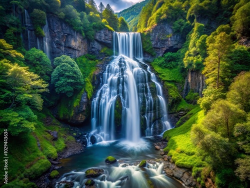 Stunning Silhouette of a Mountain Waterfall Cascading Down a Rocky Surface with Blurred Water Movement in Nature's Embrace