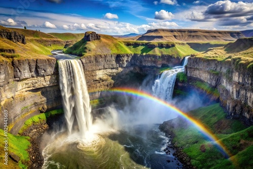 Scenic Palouse waterfalls silhouette with rainbow reflections in water