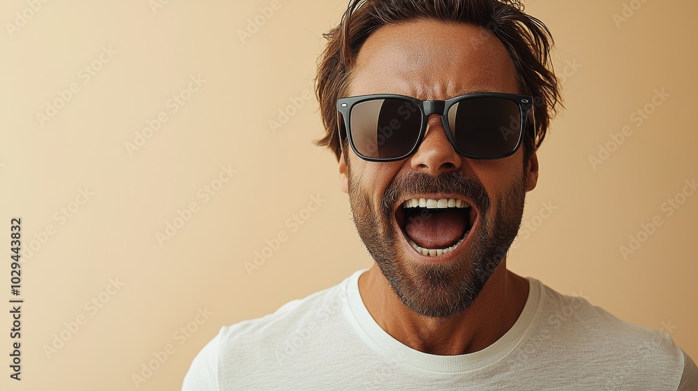 Young man wearing sunglasses passionately expressing joy in front of a light orange background during a sunny day Young man wearing sunglasses passionately expressing joy in front of a light orange background during a sunny day