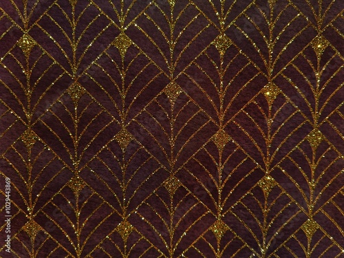 Background of abstract geometric pattern in Art Deco Style. Handicraft diamond geometric seamless pattern with gold glitter. Vintage decorative texture for decoration.