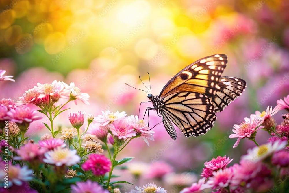 Fototapeta premium Serene garden with butterfly and flowers