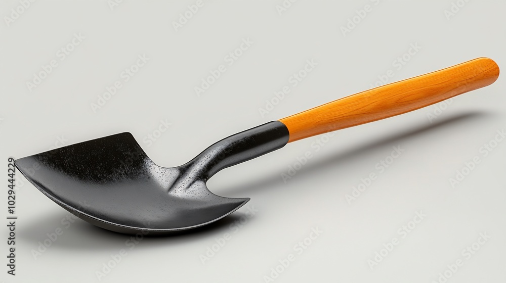 A black and orange gardening tool with a curved blade and wooden handle. A black and orange gardening tool with a curved blade and wooden handle.