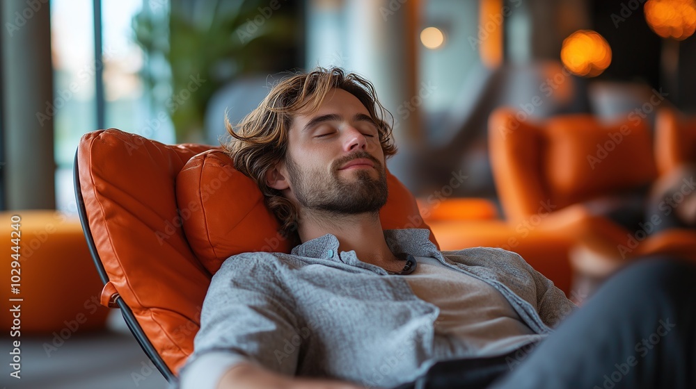 A Professional's Moment of Relaxation in a Stylish Office, A professional enjoying a moment of relaxation in a well-designed office space A Professional's Moment of Relaxation in a Stylish Office, A professional enjoying a moment of relaxation in a well-designed office space