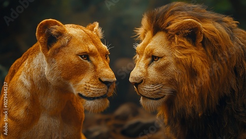 A lion and lioness face each other in a serene natural setting.