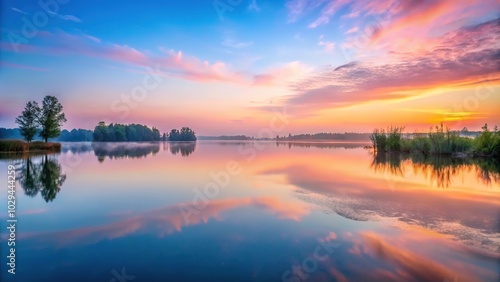 Serene lakeside at dawn with water reflecting pastel sky colors