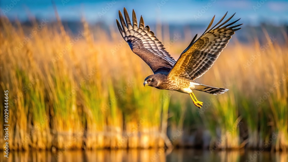 Obraz premium Northern Harrier flying over marshland looking for prey