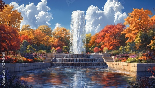 A serene garden scene featuring a fountain surrounded by vibrant autumn foliage.