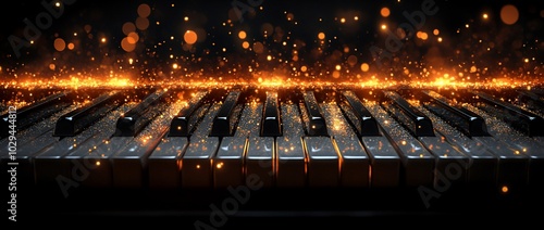 A close-up of a piano keyboard with sparkling effects, evoking a sense of music and creativity.