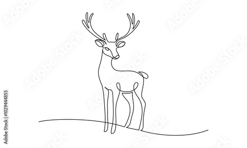 One continuous line drawing of christmas reindeer. Wild animal deer with antlers is dynamic silhouette in simple linear style. Elegance logo editable stroke. Doodle monoline vector illustration