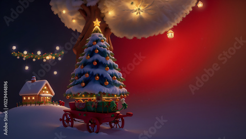 クリスマスツリーのある異世界の雪国の風景　AI画像　ジェネレーティブAI