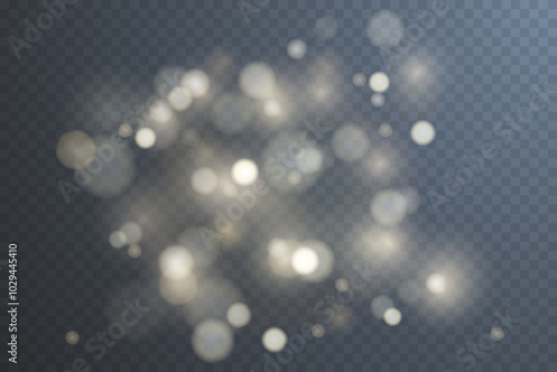Light abstract glowing bokeh highlights. Light bokeh effect isolated on transparent background. The Christmas background shines from the dust. Christmas concept for design and illustrations.