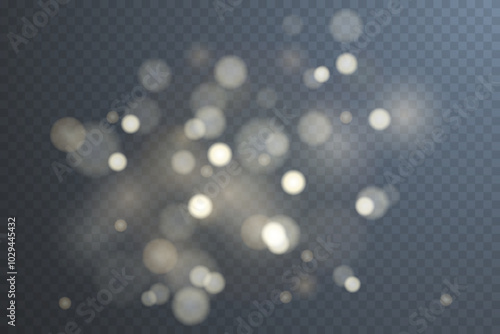 Light abstract glowing bokeh highlights. Light bokeh effect isolated on transparent background. The Christmas background shines from the dust. Christmas concept for design and illustrations.