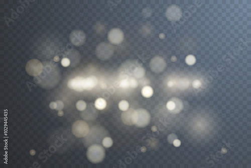 Light abstract glowing bokeh highlights. Light bokeh effect isolated on transparent background. The Christmas background shines from the dust. Christmas concept for design and illustrations.
