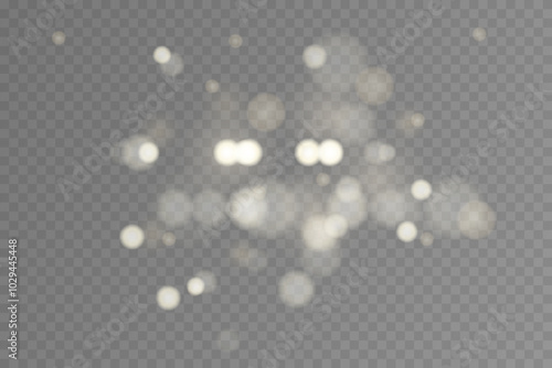 Light abstract glowing bokeh highlights. Light bokeh effect isolated on transparent background. The Christmas background shines from the dust. Christmas concept for design and illustrations.