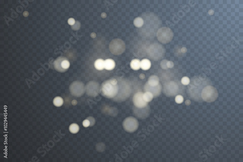 Light abstract glowing bokeh highlights. Light bokeh effect isolated on transparent background. The Christmas background shines from the dust. Christmas concept for design and illustrations.