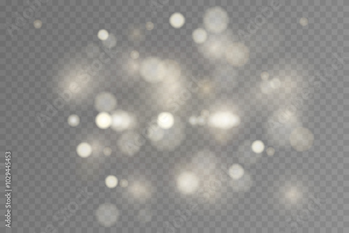 Light abstract glowing bokeh highlights. Light bokeh effect isolated on transparent background. The Christmas background shines from the dust. Christmas concept for design and illustrations.