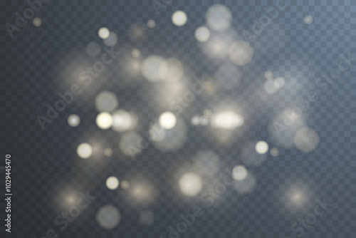 Light abstract glowing bokeh highlights. Light bokeh effect isolated on transparent background. The Christmas background shines from the dust. Christmas concept for design and illustrations.
