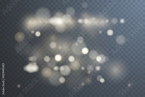 Light abstract glowing bokeh highlights. Light bokeh effect isolated on transparent background. The Christmas background shines from the dust. Christmas concept for design and illustrations.