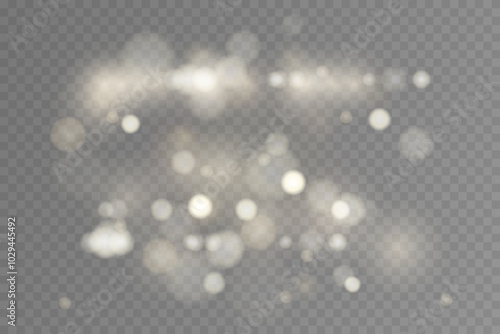 Light abstract glowing bokeh highlights. Light bokeh effect isolated on transparent background. The Christmas background shines from the dust. Christmas concept for design and illustrations.
