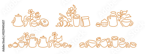 Coffee line set Sketch of cup, cafe dessert Bakery