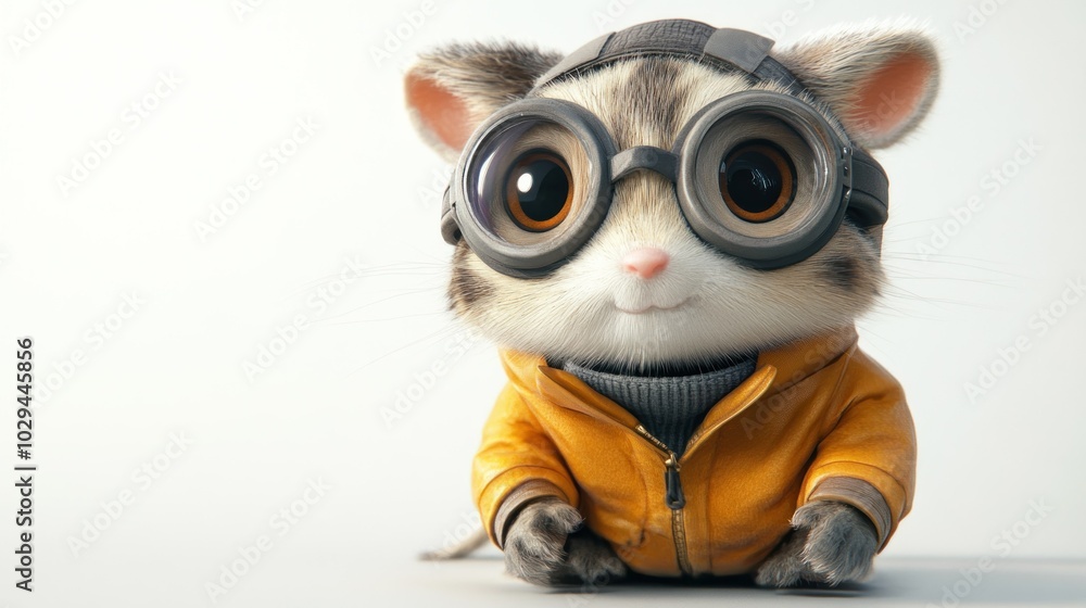 Obraz premium A cute, cartoonish hamster wearing a yellow leather jacket, goggles, and a beanie, smiling at the camera.