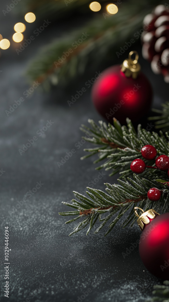Elegant Christmas Decorations with Red Ornaments and Pine Branches on Dark Background Elegant Christmas Decorations with Red Ornaments and Pine Branches on Dark Background