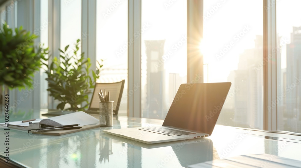 Fototapeta premium Laptop on a Glass Desk in a Modern Office