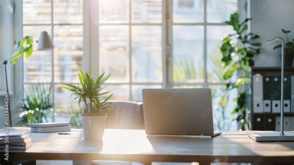 Modern Office Workspace with Laptop and Sunlight Modern Office Workspace with Laptop and Sunlight