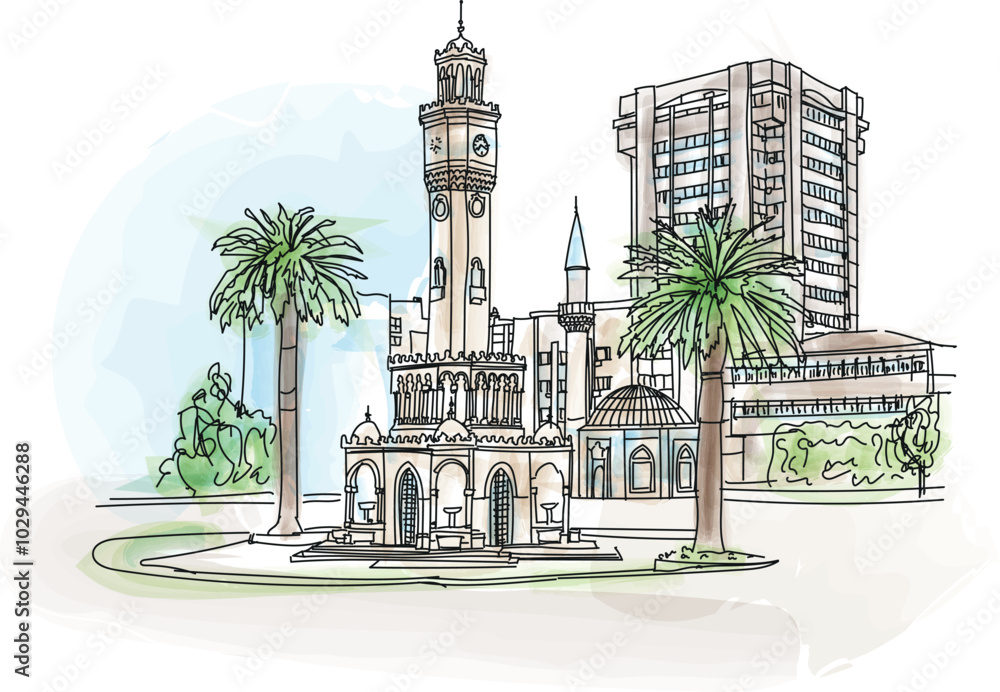 The historic Izmir Clock Tower at Konak Square, Izmir, Turkey - vector illustration