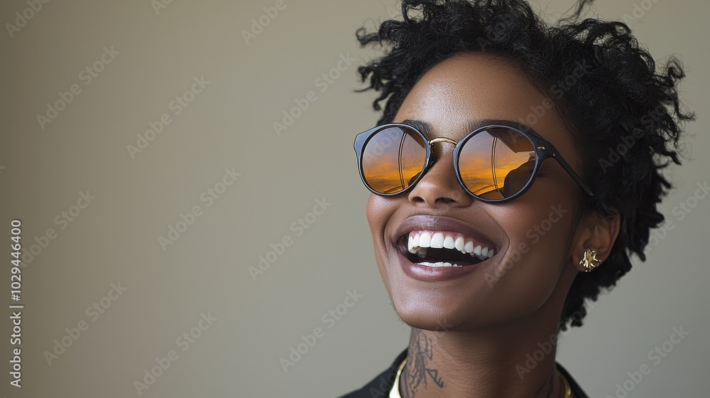 A joyful woman with stylish sunglasses and a trendy hairstyle smiles brightly indoors, reflecting sunset colors in her shades A joyful woman with stylish sunglasses and a trendy hairstyle smiles brightly indoors, reflecting sunset colors in her shades