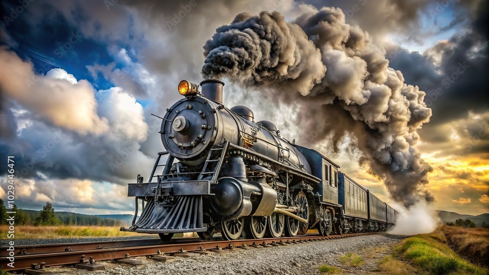 Naklejka premium Side view of black steam engine train emitting smoke on tracks