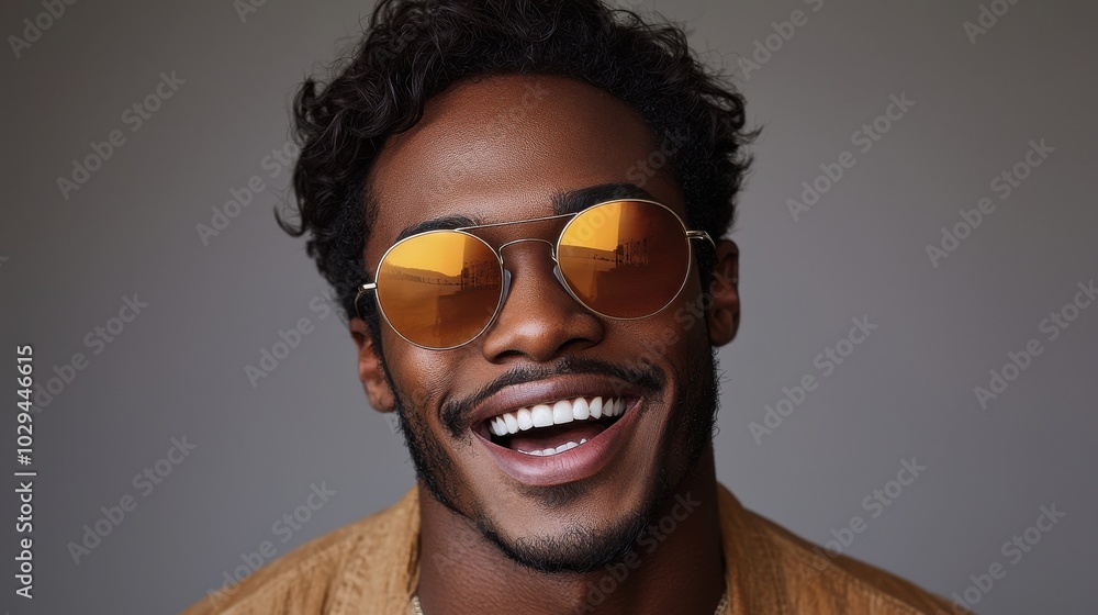 A smiling man with sunglasses poses against a neutral backdrop, showcasing a stylish look and vibrant personality A smiling man with sunglasses poses against a neutral backdrop, showcasing a stylish look and vibrant personality